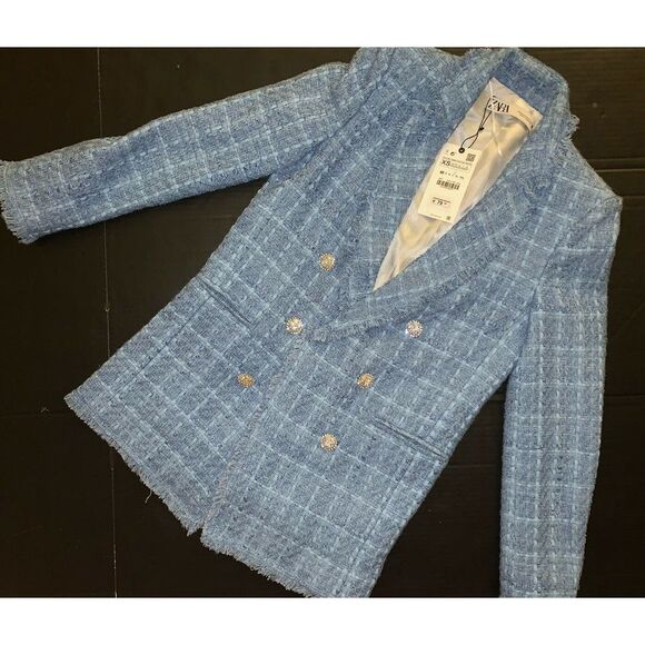 Zara M BLAZER JACKET Tweed Long sky BLUE silver crystallized buttons oversized - Picture 1 of 11